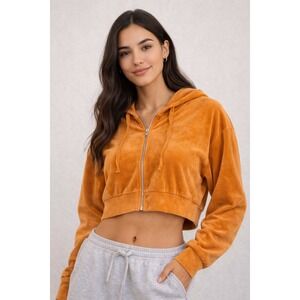 Forever 21 Womens Velour Cropped Zip Up Hoodie Burnt Orange Large